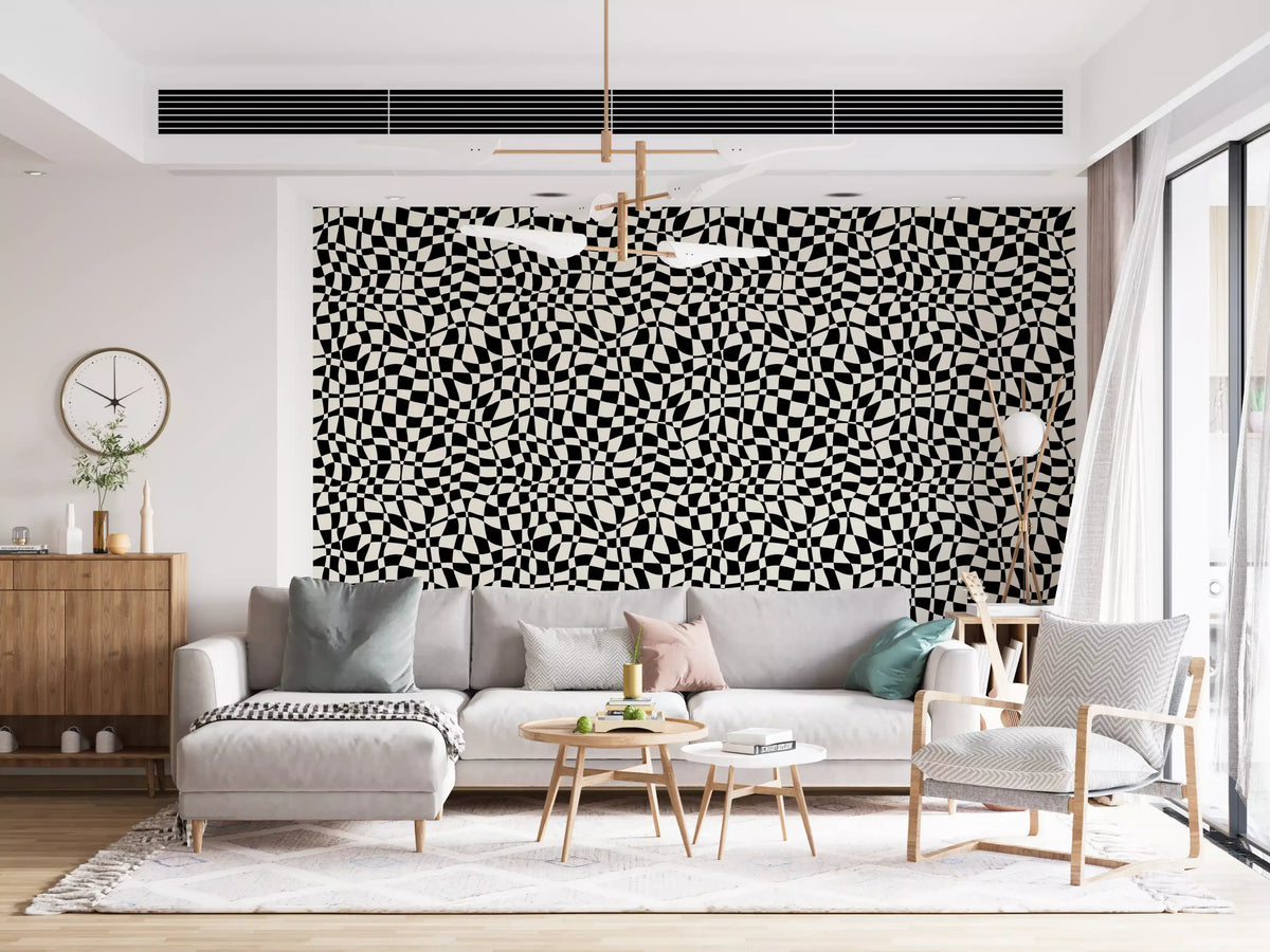 Wavy Monochrome Checkerboard wallpaper covers a living room feature area GD12253
