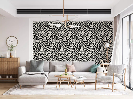 Wavy Monochrome Checkerboard wallpaper covers a living room feature area GD12253
