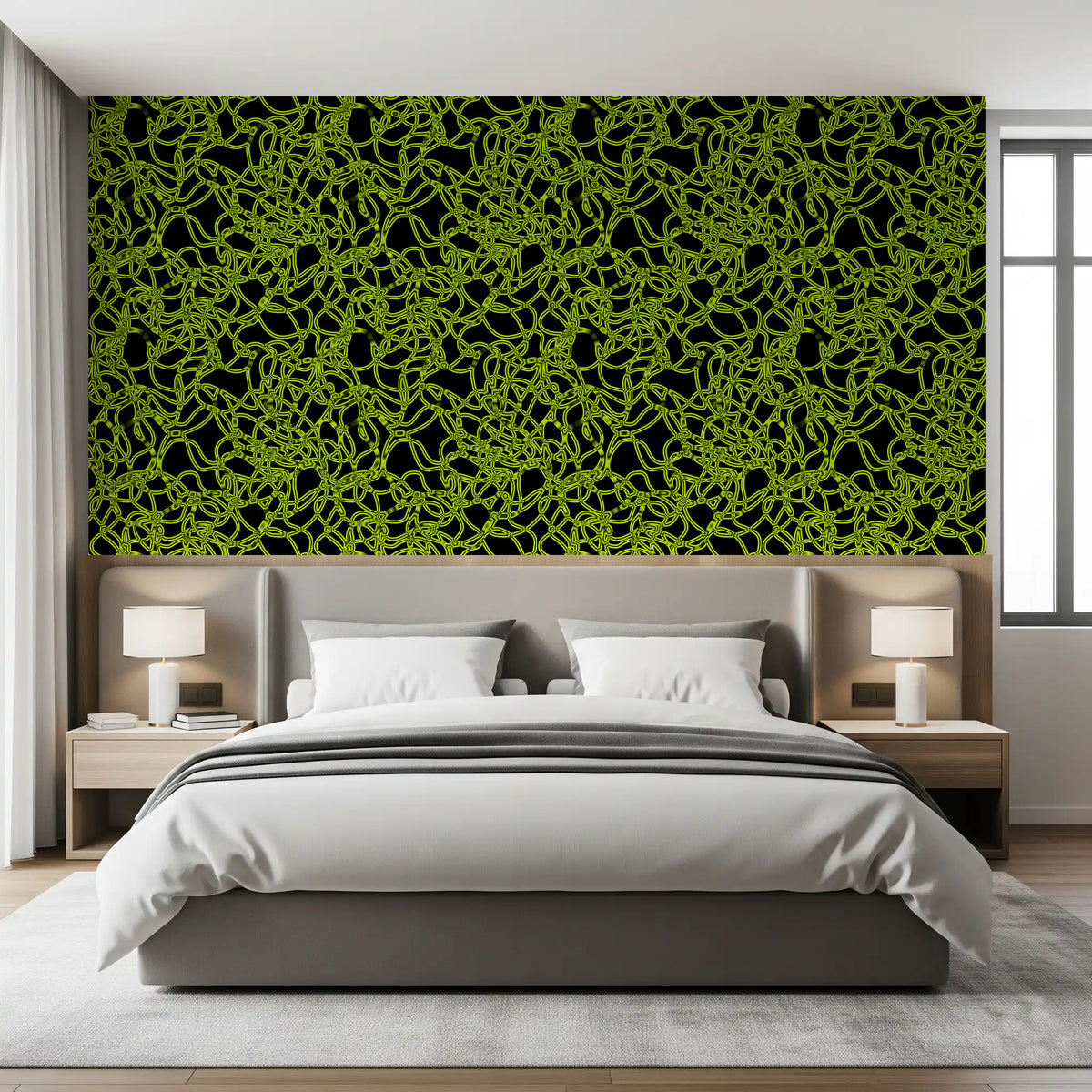 Neon grid lines wallpaper behind a grey platform bed with wood bedside tables GD12256