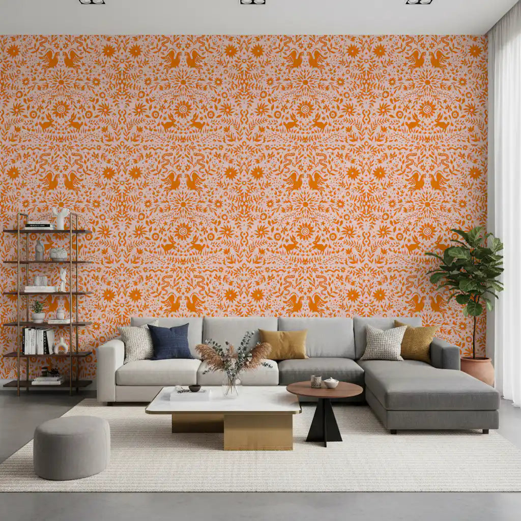 Mexican Folk Art Sun and Animal Pattern Wallpaper⁠