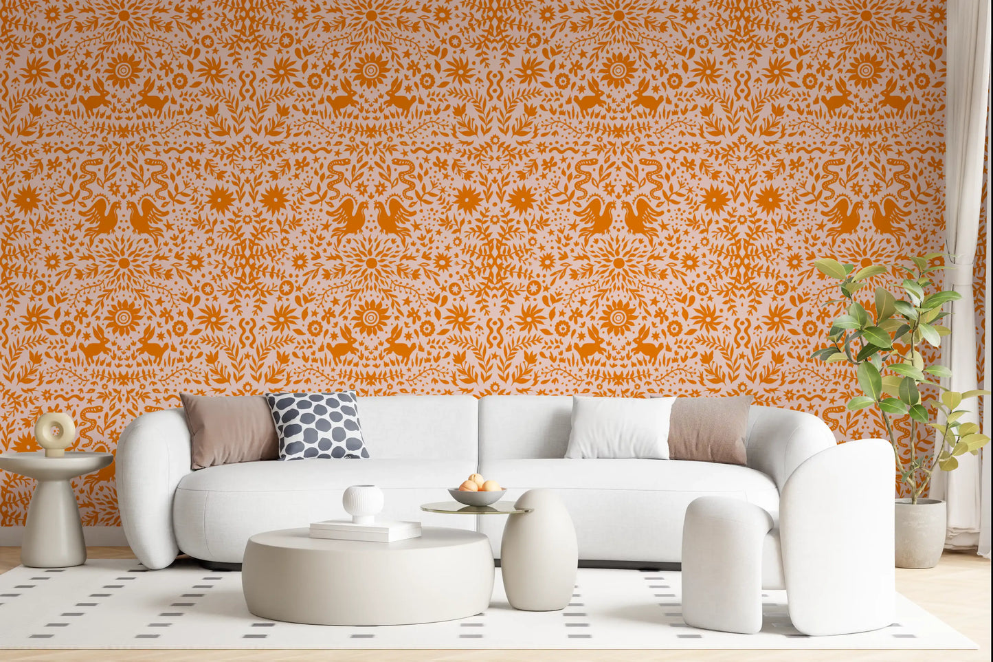 Mexican Folk Art Sun and Animal Pattern Wallpaper⁠