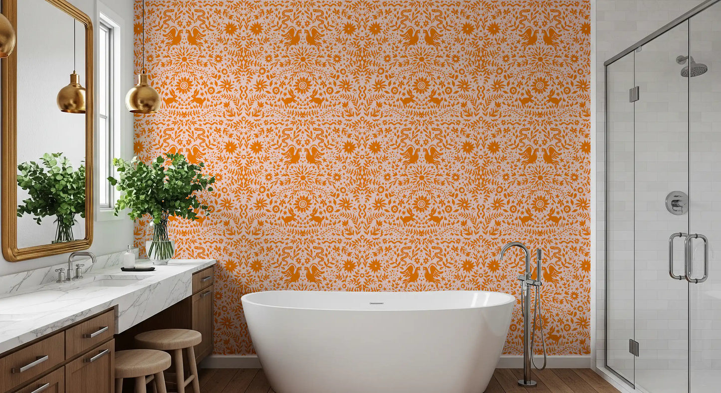 Mexican Folk Art Sun and Animal Pattern Wallpaper⁠