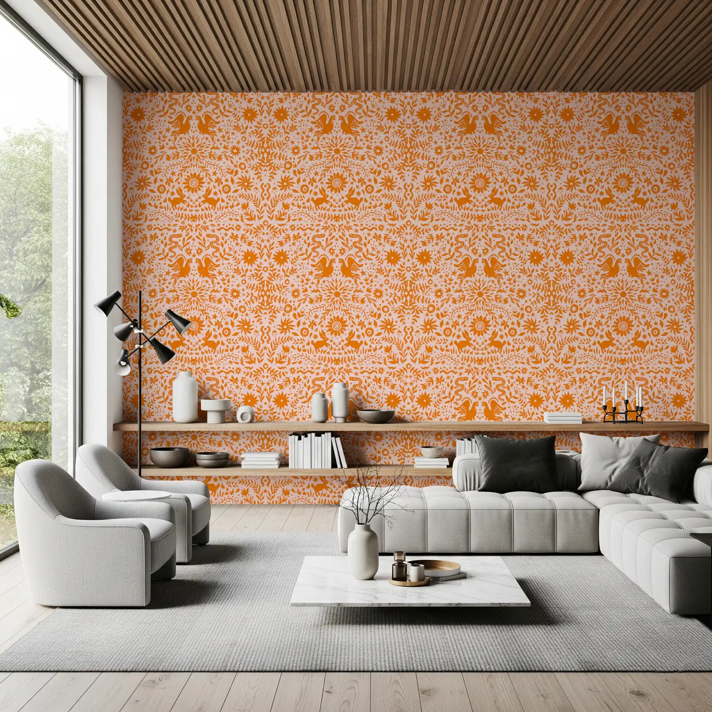 Mexican Folk Art Sun and Animal Pattern Wallpaper⁠