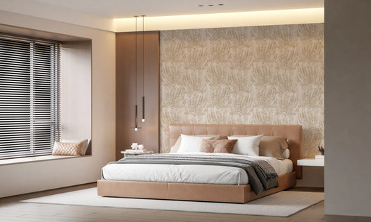 Beige fern botanical wall in a bedroom above a camel bed with grey bedding GD12266