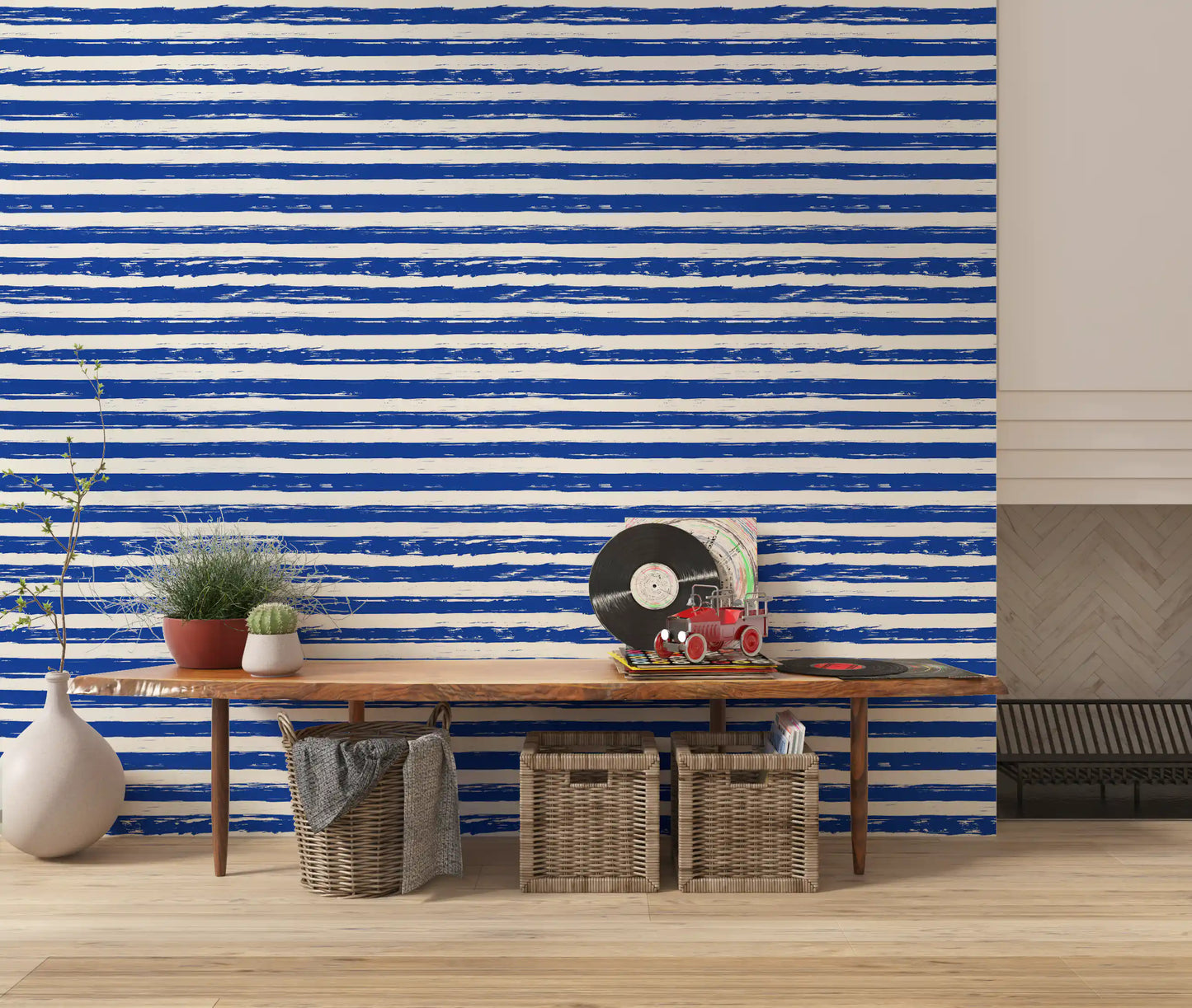 Coastal Navy Brushstroke Stripes Wallpaper⁠