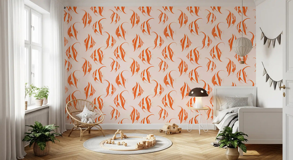 Orange fish wallpaper in a bright nursery with a hanging chair and a white crib GD12275