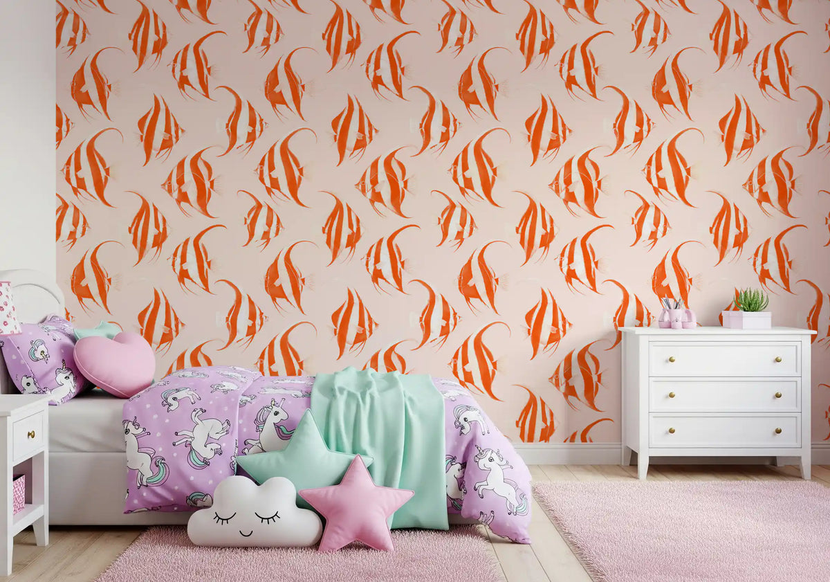 Orange angelfish wallpaper in a girls bedroom with unicorn bedding and star cushions GD12275