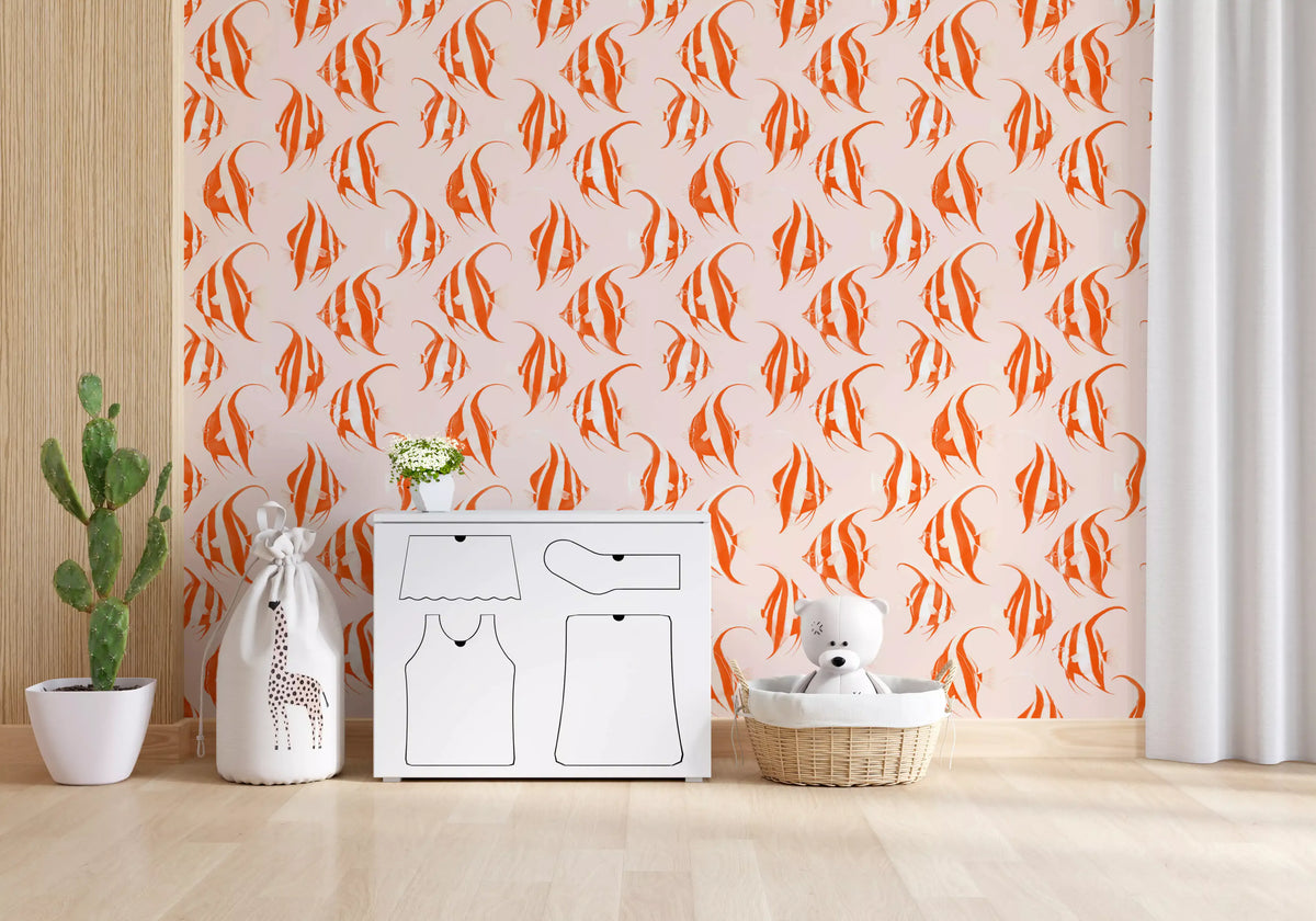 Orange angelfish wallpaper in a nursery with a giraffe toy and a woven basket GD12275