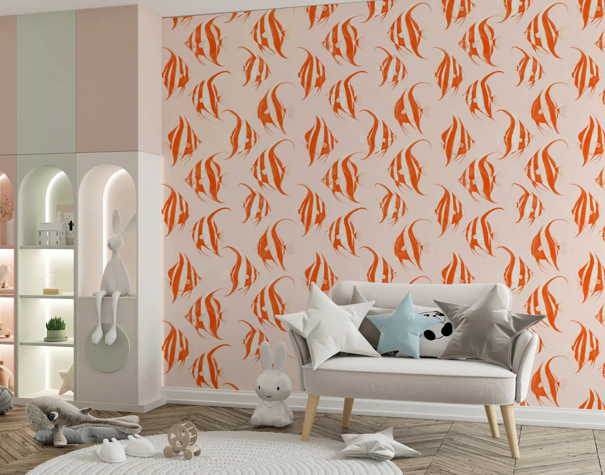 Orange fish print wallpaper in a kids room with an arch shelf and a grey sofa GD12275