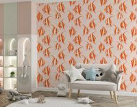 Orange fish print wallpaper in a kids room with an arch shelf and a grey sofa GD12275