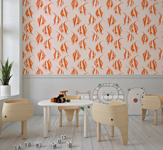 Orange angelfish wallpaper in a playroom with animal shaped wooden tables and toy cars GD12275