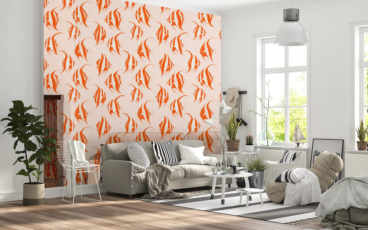 Orange fish print wallpaper in a living room with a grey sofa and leafy potted plants GD12275