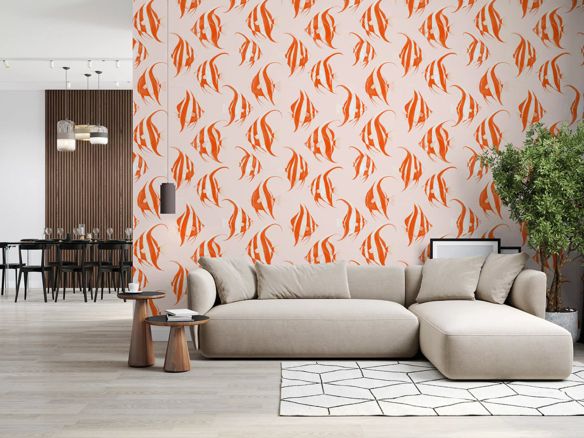 Angelfish wallpaper in a living room with a cream sectional sofa and a dining area GD12275