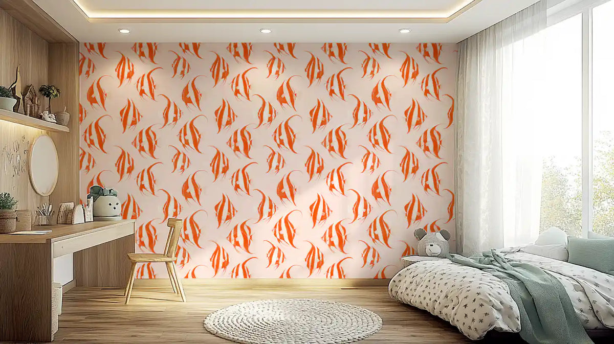 Orange angelfish wallpaper in a bedroom with a vanity mirror and mint green bedding GD12275
