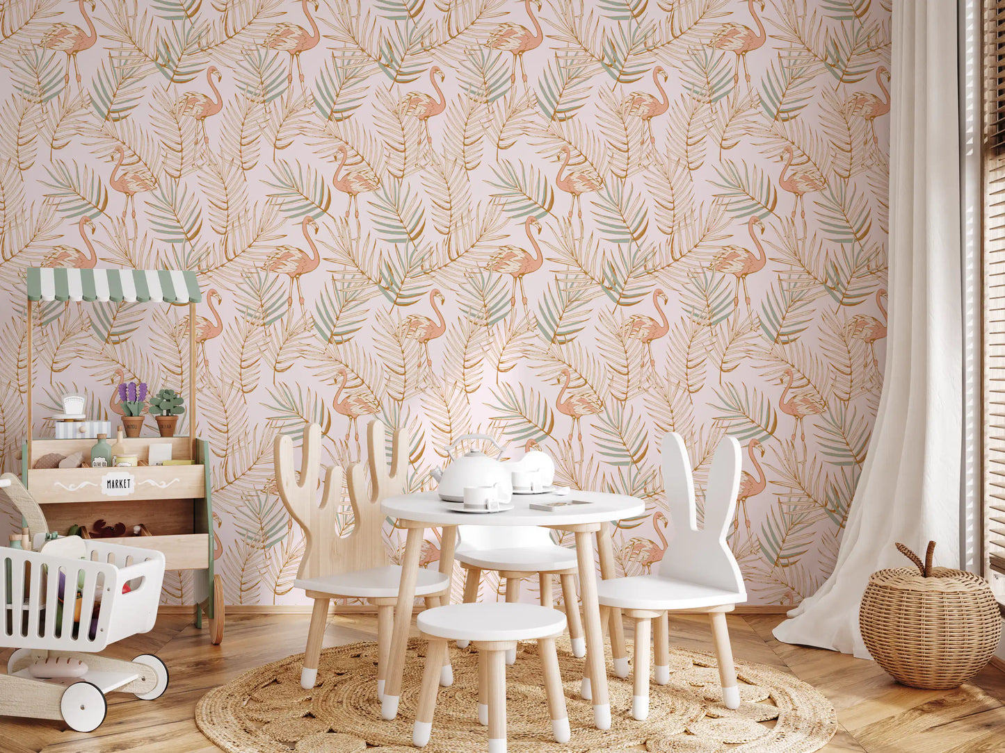 Pink Flamingo Tropical Palm Retreat Wallpaper⁠
