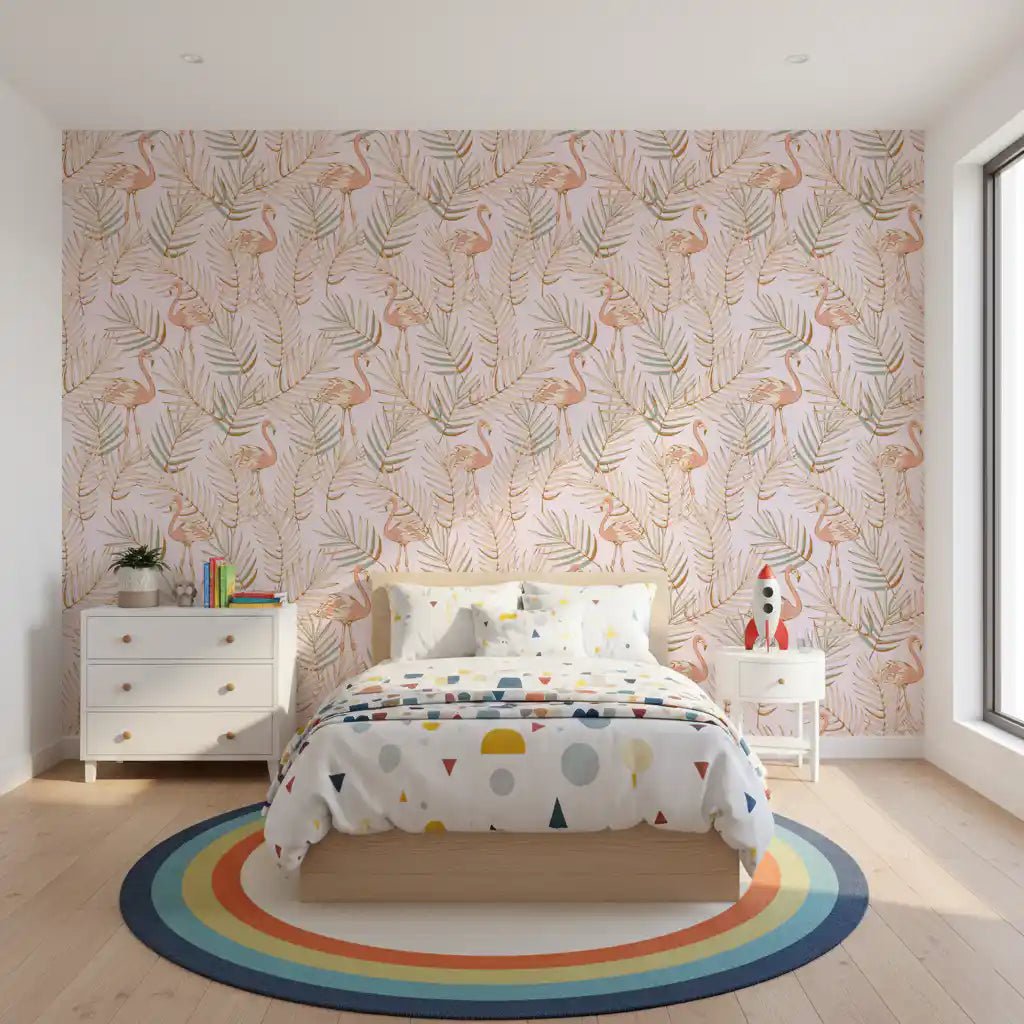 Pink Flamingo Tropical Palm Retreat Wallpaper⁠