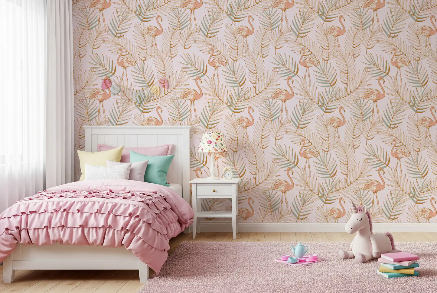 Pink Flamingo Tropical Palm Retreat Wallpaper⁠