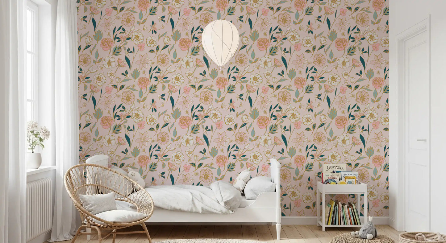 Soft Blush Botanical Garden Illustration Wallpaper⁠
