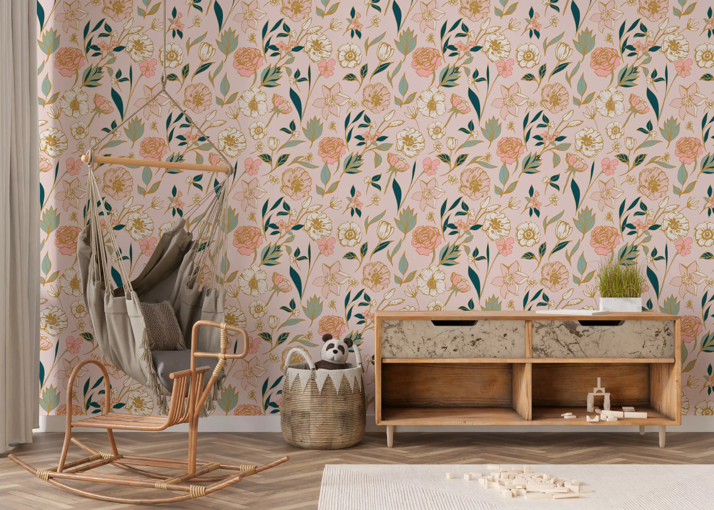 Soft Blush Botanical Garden Illustration Wallpaper⁠