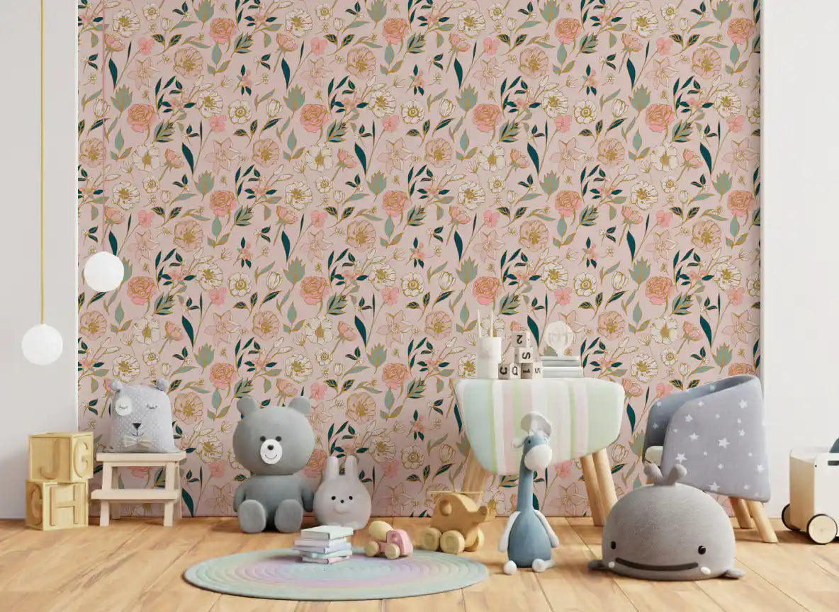 Soft Blush Botanical Garden Illustration Wallpaper⁠