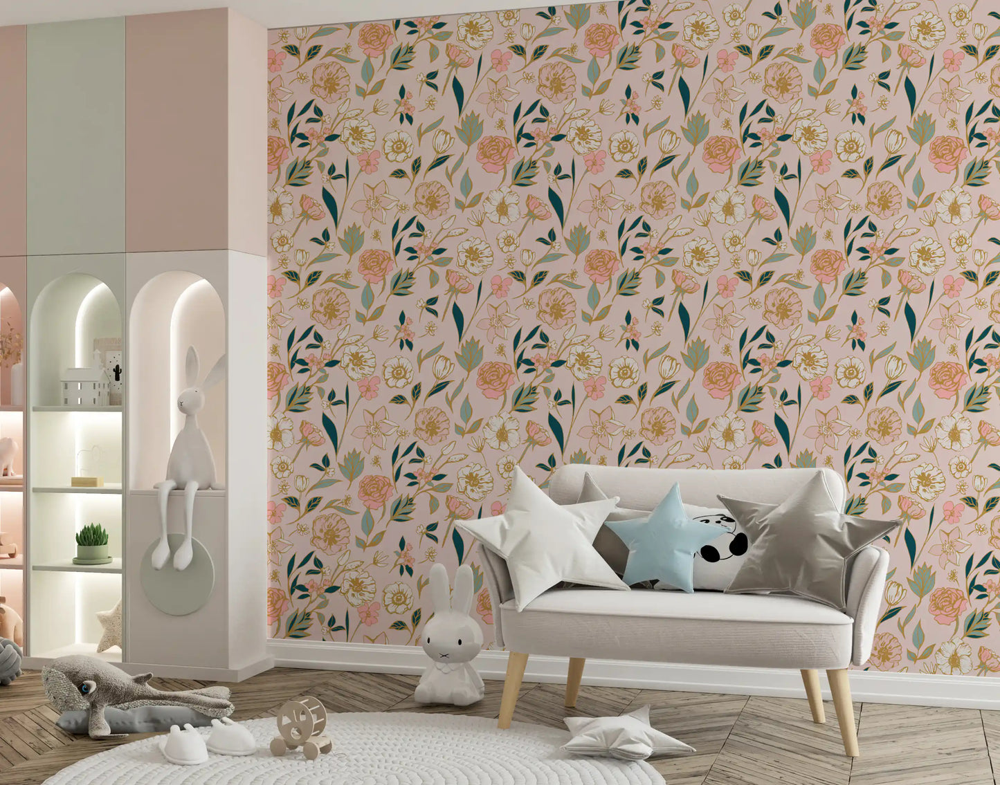 Soft Blush Botanical Garden Illustration Wallpaper⁠