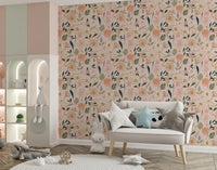 Soft Blush Botanical Garden Illustration Wallpaper⁠