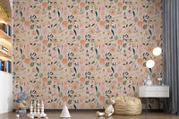 Soft Blush Botanical Garden Illustration Wallpaper⁠