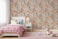 Soft Blush Botanical Garden Illustration Wallpaper⁠