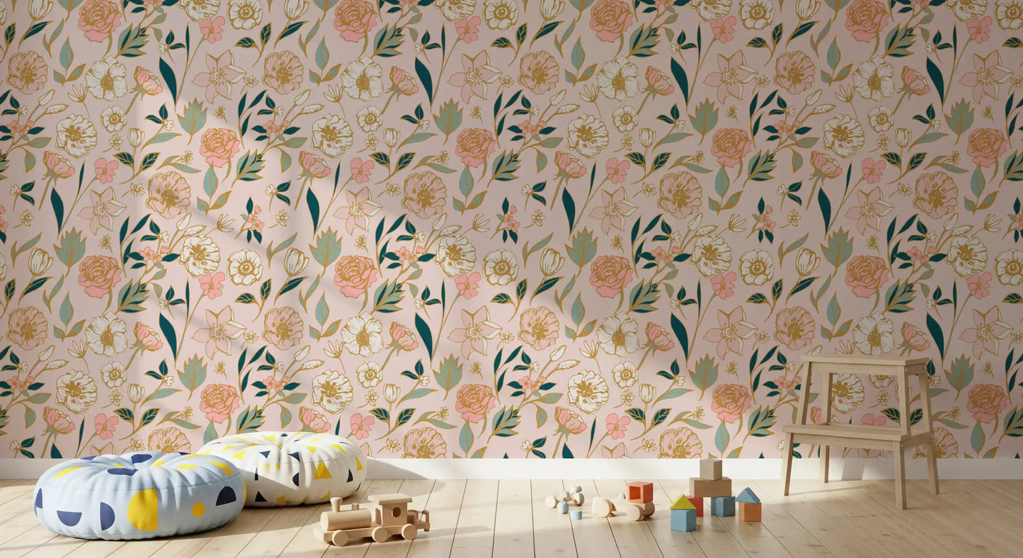 Soft Blush Botanical Garden Illustration Wallpaper⁠