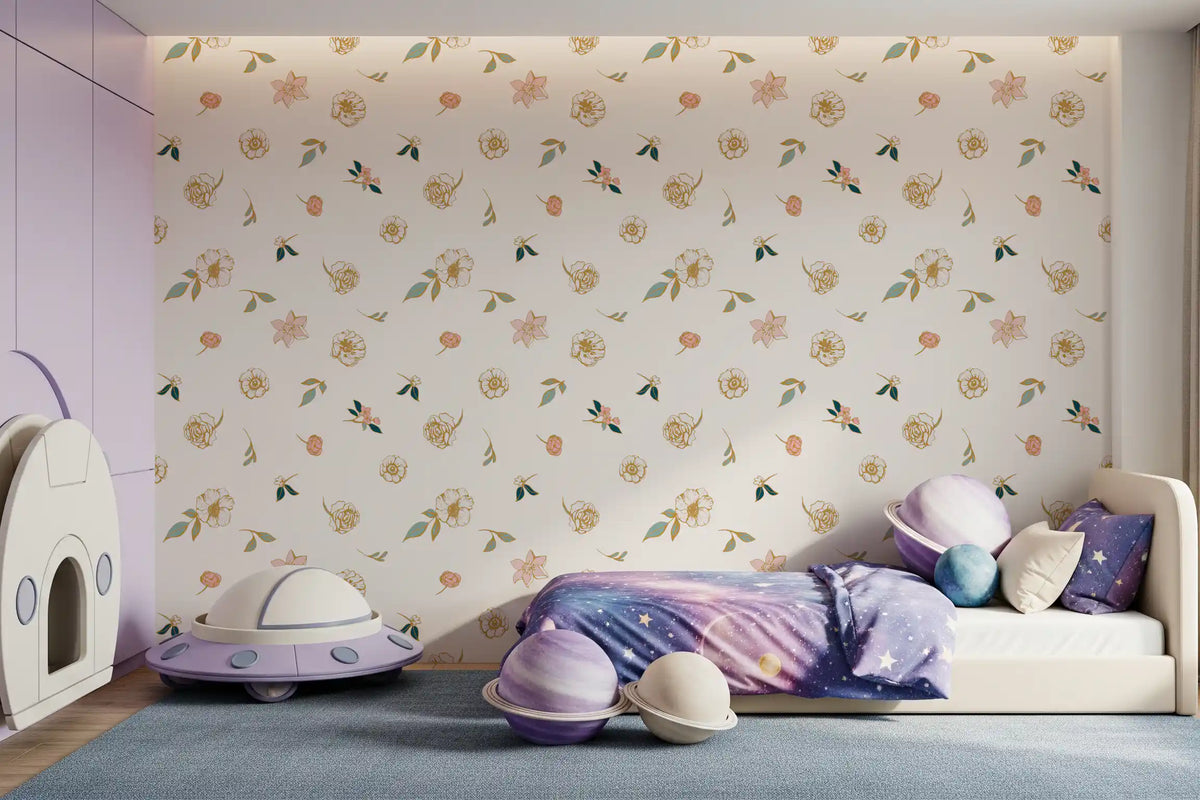 Sage floral wallpaper in a kids room with a UFO toy and galaxy bedding GD12281