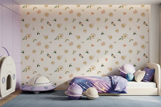 Sage floral wallpaper in a kids room with a UFO toy and galaxy bedding GD12281