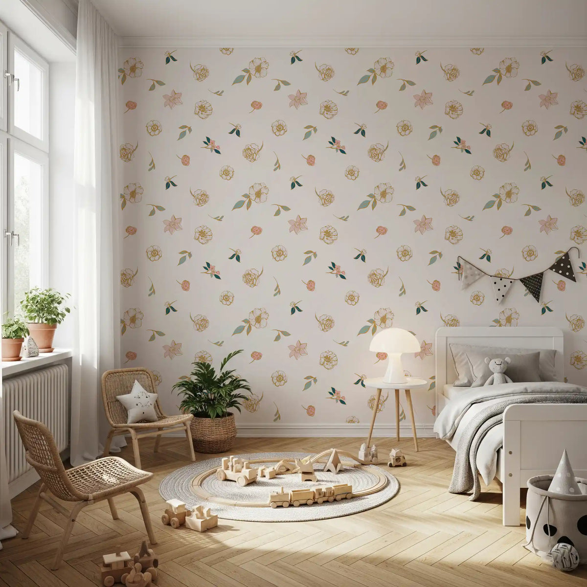 Meadow wallpaper in a kids room with a rattan chair, plant and wooden toys GD12281