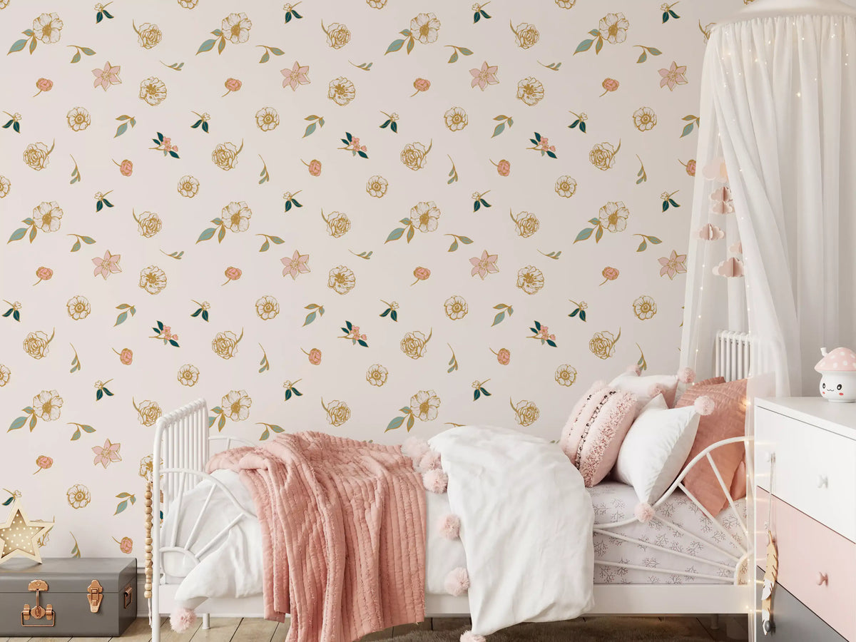 Sage floral wallpaper in a girls room with a canopy bed and pink throw GD12281