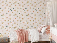 Sage floral wallpaper in a girls room with a canopy bed and pink throw GD12281