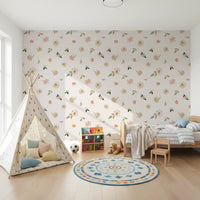 Sage floral wallpaper in a kids room with a play teepee and mandala rug GD12281