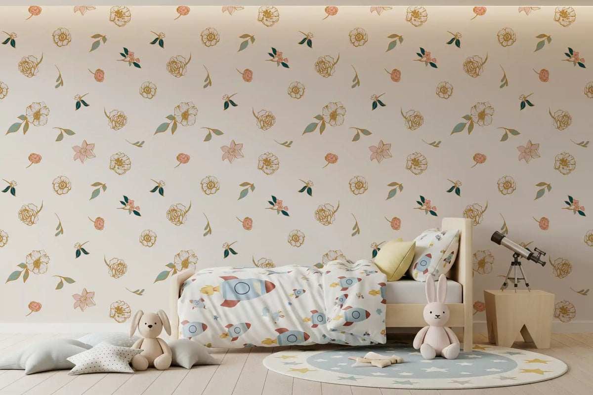 Sage floral wallpaper in a boys room with space bedding and a telescope GD12281