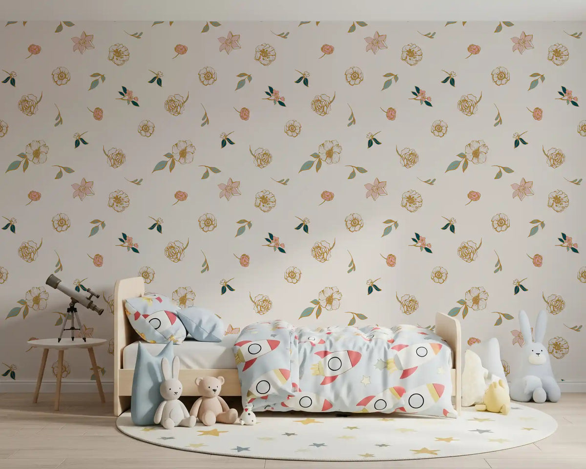Sage floral wallpaper by a childs bed with rocket bedding and a telescope GD12281