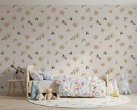 Sage floral wallpaper by a childs bed with rocket bedding and a telescope GD12281