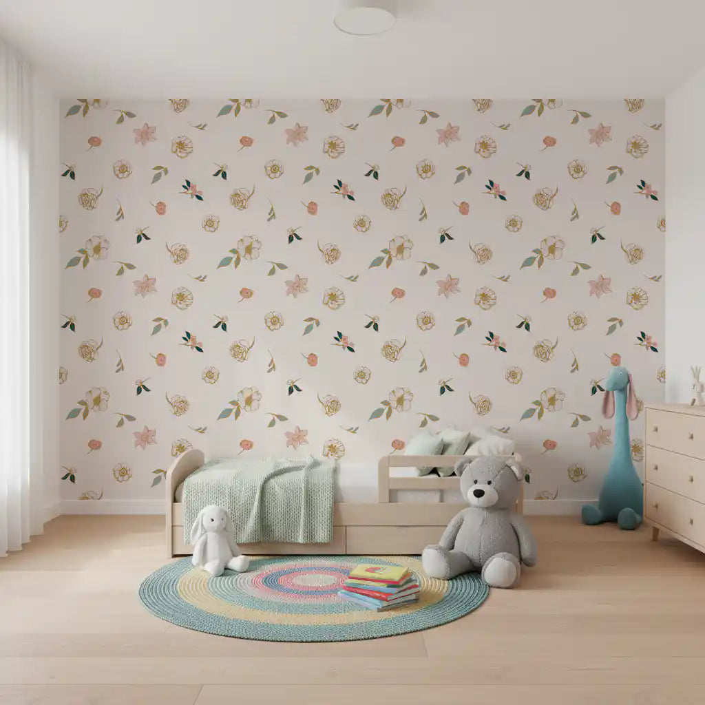 Sage floral wallpaper in a nursery with a plush teddy and dinosaur toy GD12281