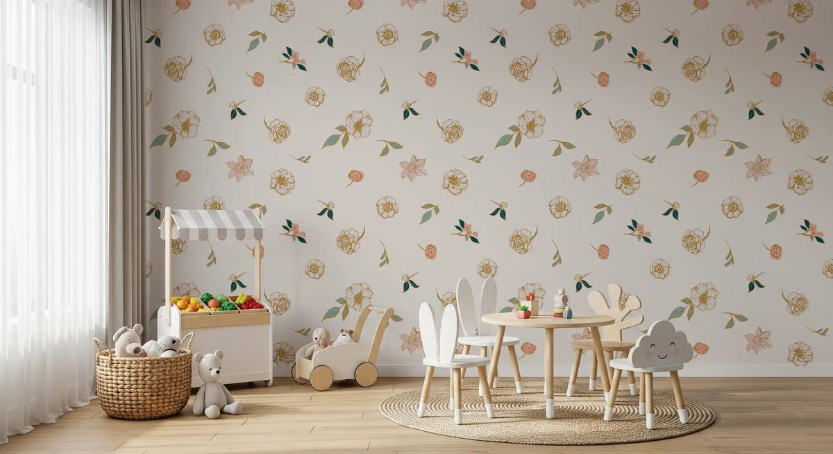 Sage and gold meadow wallpaper in a play area with a market stall and bunny chairs GD12281