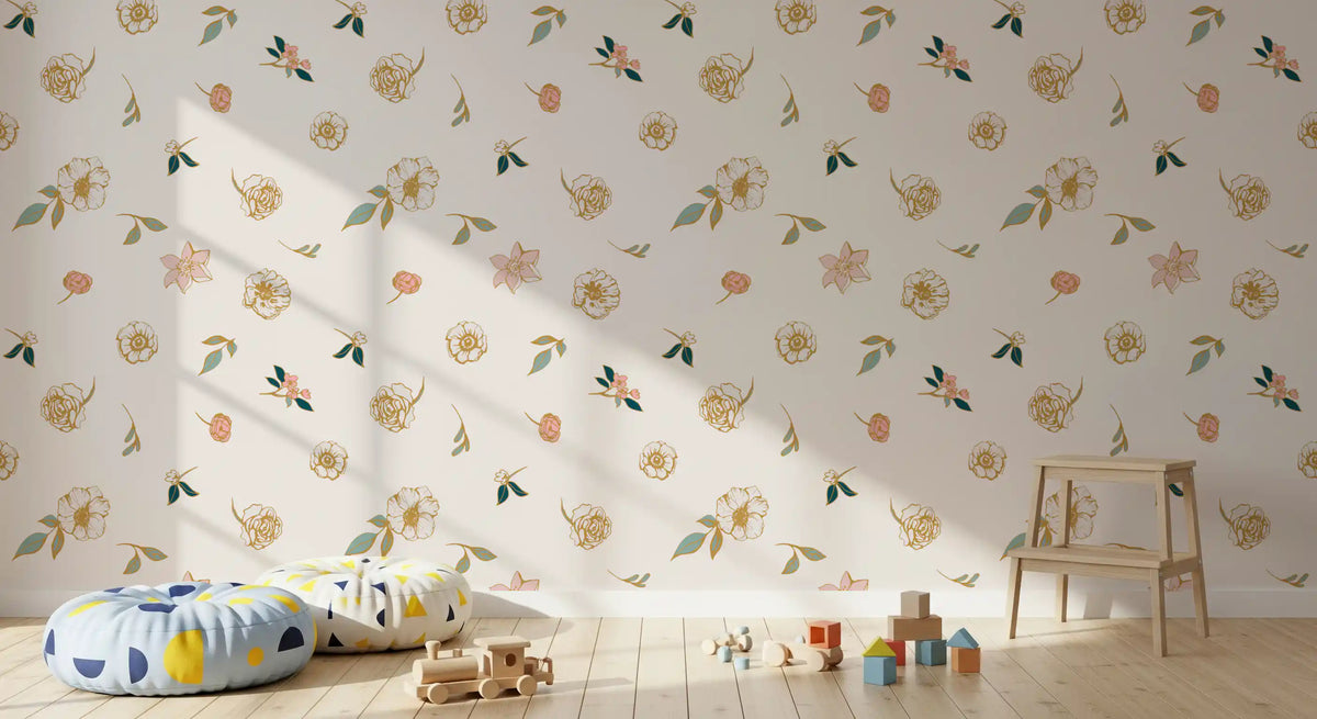 Meadow wallpaper in a kids room with a bright pouf and wooden blocks GD12281
