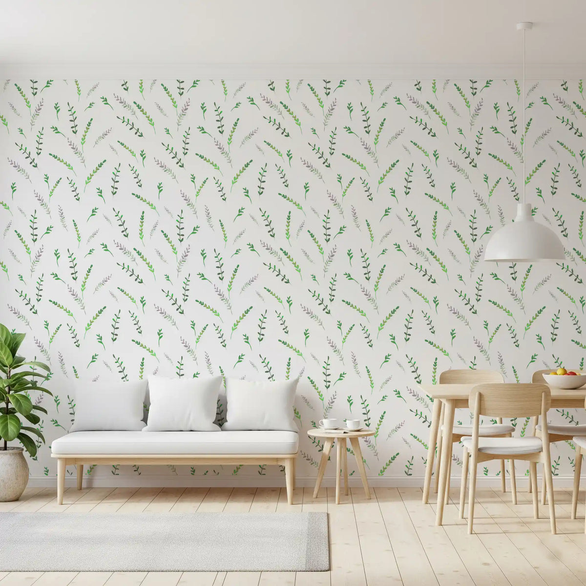 Greenery wallpaper in a living room with a white bench sofa and dining set GD12282