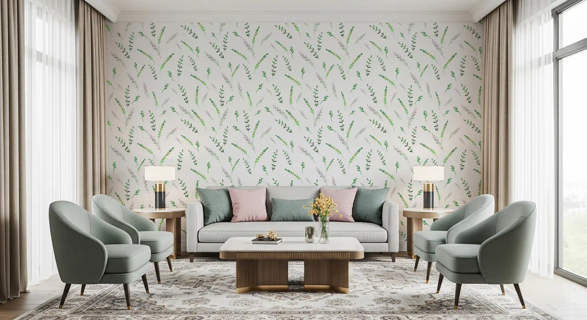 Greenery wallpaper in a lounge with sage wingback chairs and a grey sofa GD12282