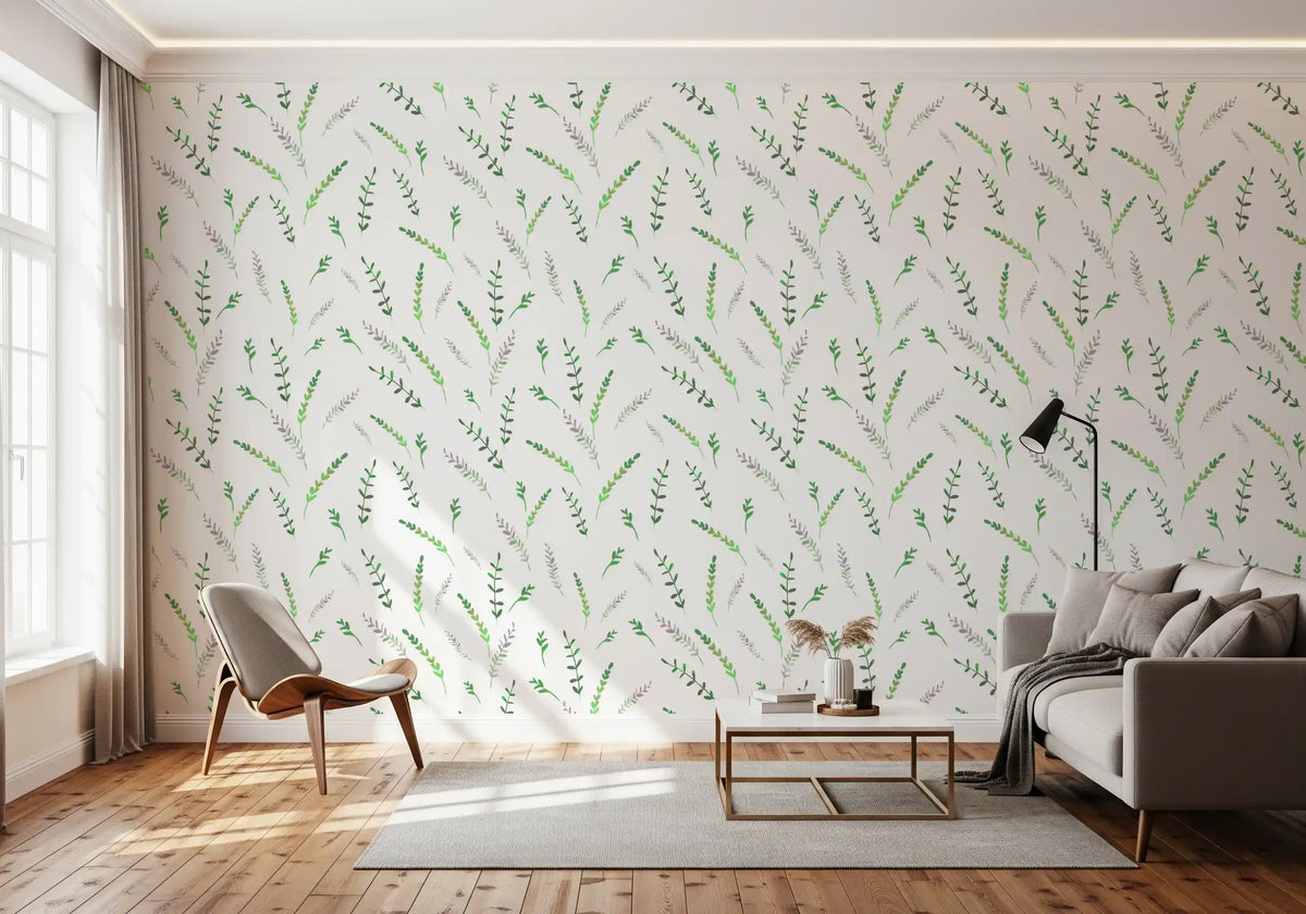 Greenery wallpaper in a living room with a grey sofa and wooden accent chair GD12282