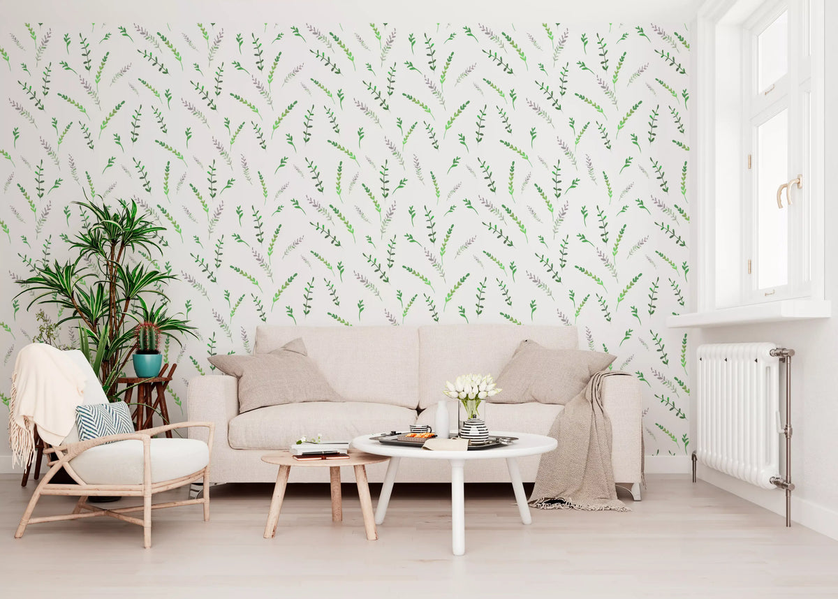 Green leaf wallpaper in a living room with a cream sofa and rattan chair GD12282