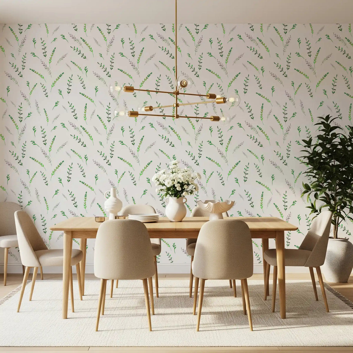 Greenery wallpaper in a dining room with a wooden table and gold chandelier GD12282