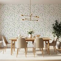 Greenery wallpaper in a dining room with a wooden table and gold chandelier GD12282