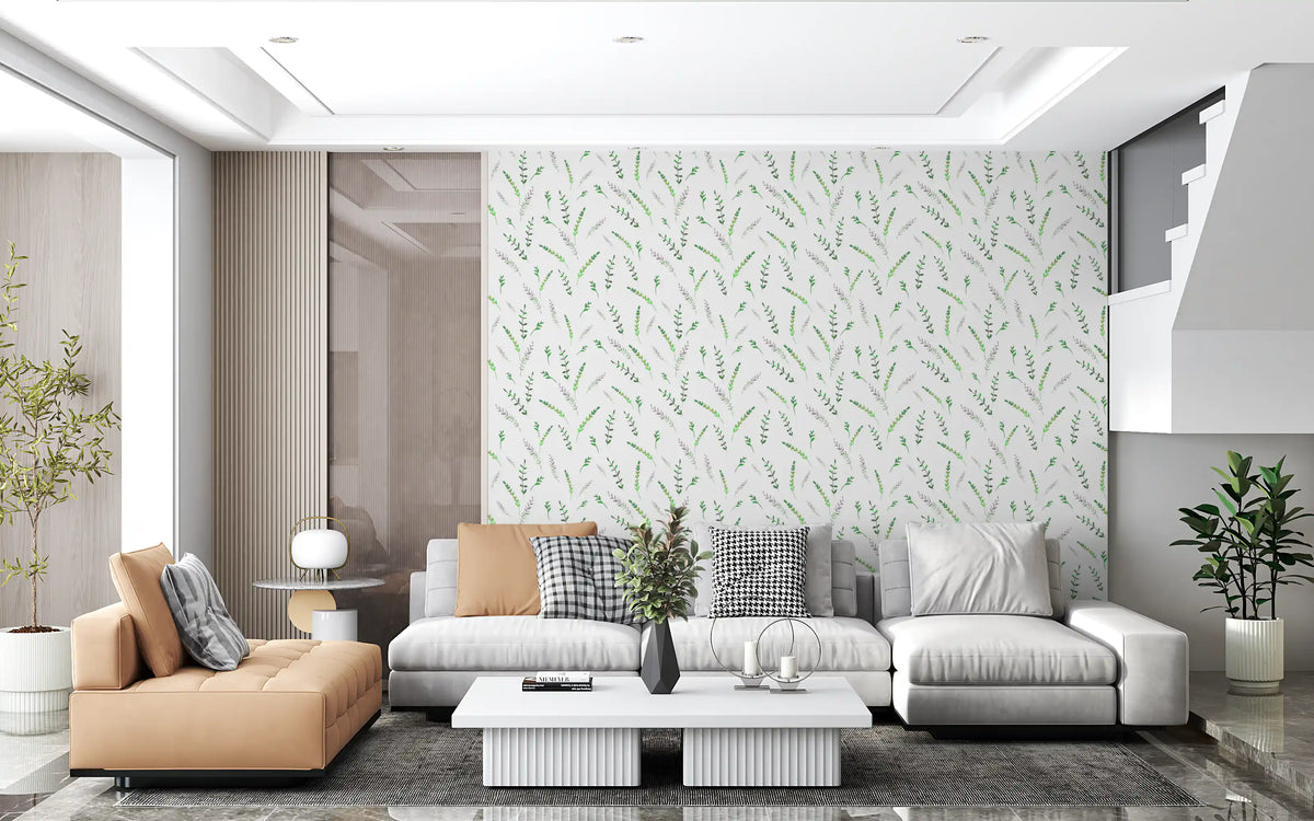 Green leaf wallpaper in a living room with grey and camel leather sofas GD12282