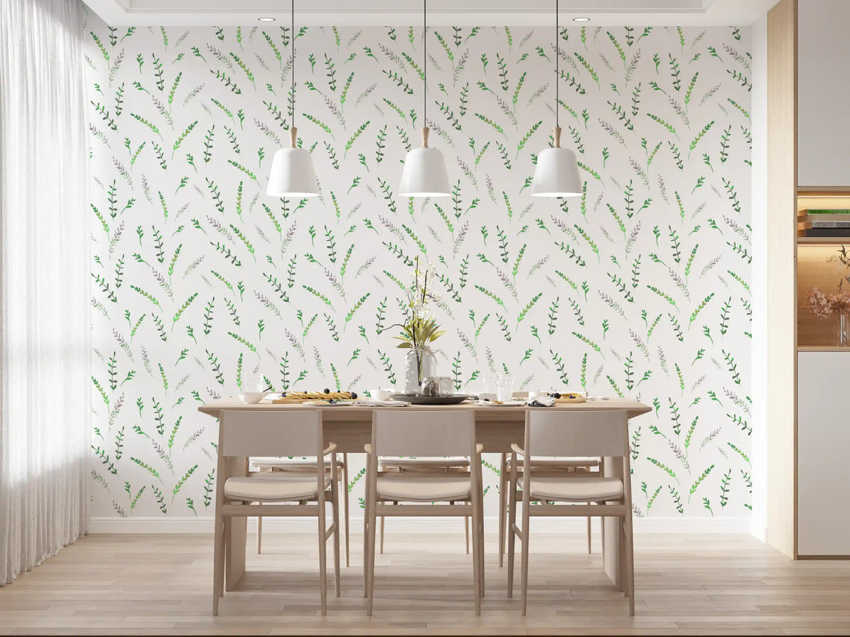 Green leaf wallpaper in a dining room with white pendant lights and pale chairs GD12282