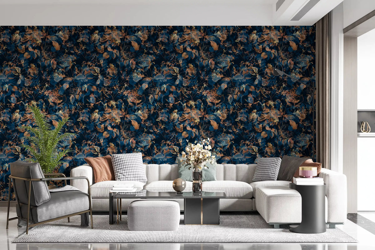 Dark floral wallpaper in a living room with a cream sofa and grey armchairs GD12283